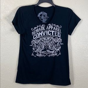 REMADE Tee T-shirt Black CONVICTED V-Neck L Short Sleeve Stretchy Cotton Floral